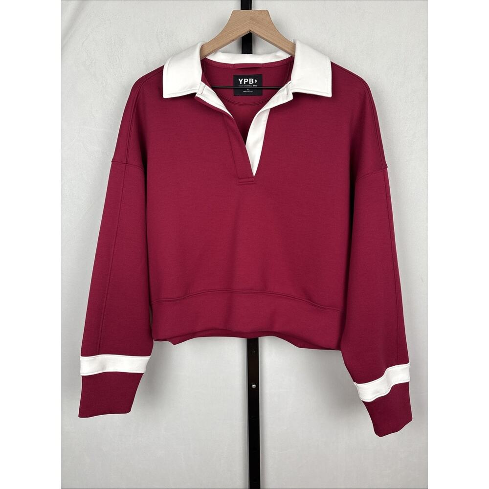 NEW YPB Abercrombie & Fitch Women’s Small Dark Red White neoKnit Polo Sweatshirt